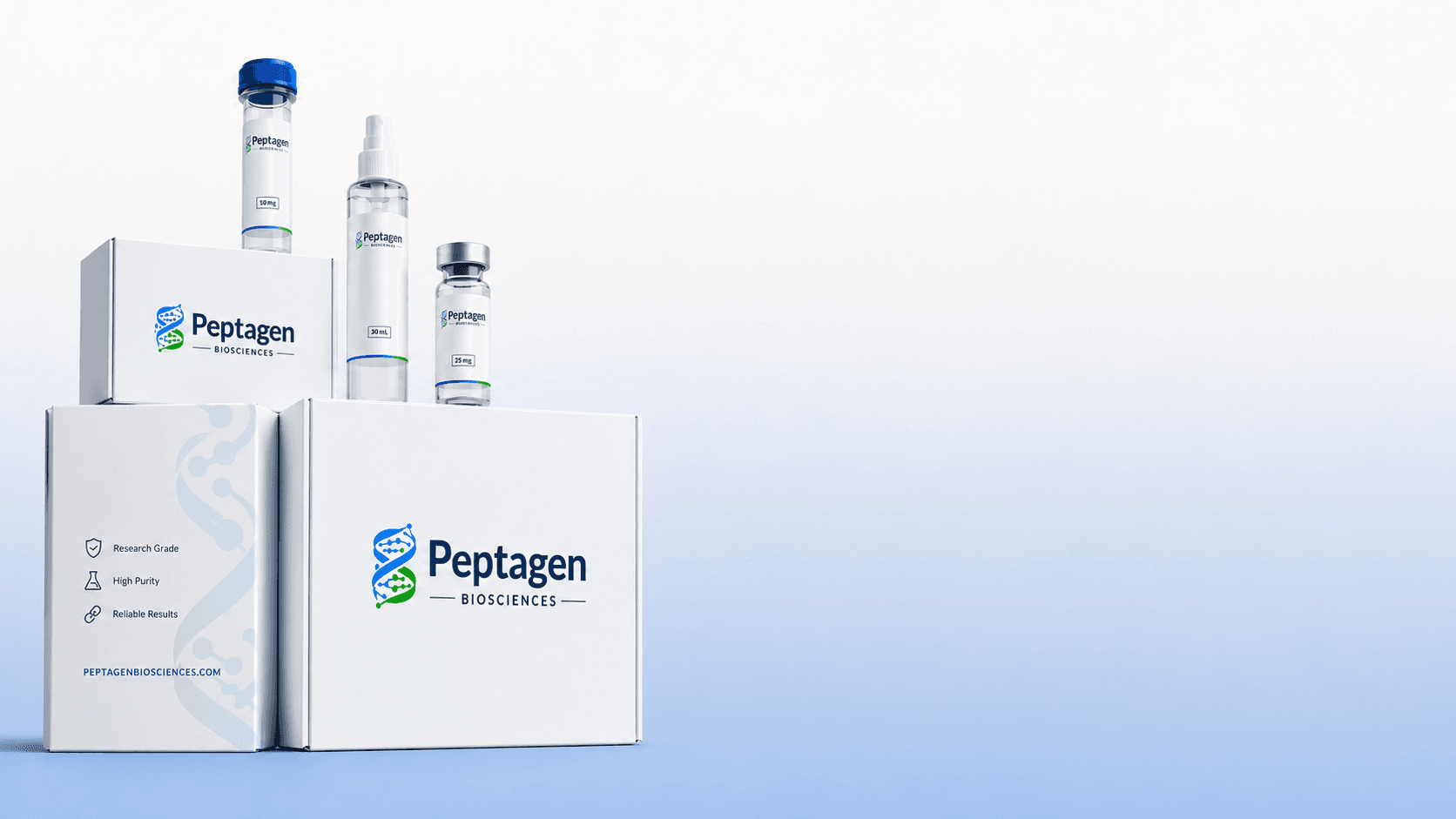 Peptagen Biosciences shipping boxes with vials and a spray bottle